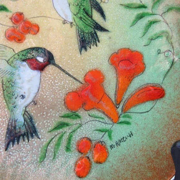 M. Ratcliff Enamel on Copper Collector Plate Double Humming Birds 7" No Stand - Picture 5 of 7